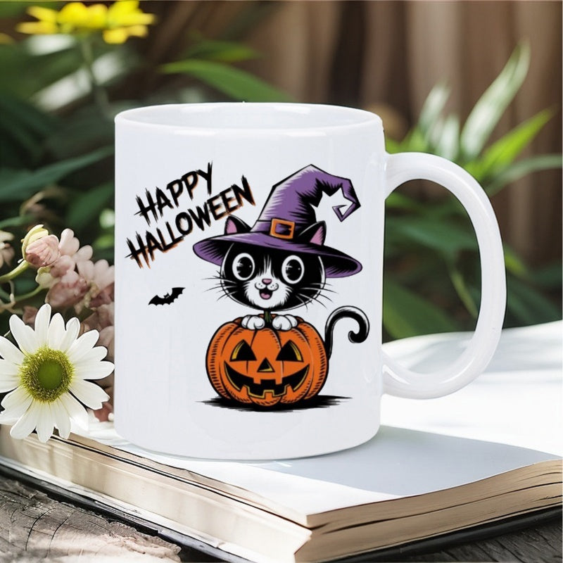 Tailorly White Ceramic 11 oz Mug - Happy Halloween Cute Black Cat Wearing Purple Witch Hat Inside Carved Pumpkin Cat