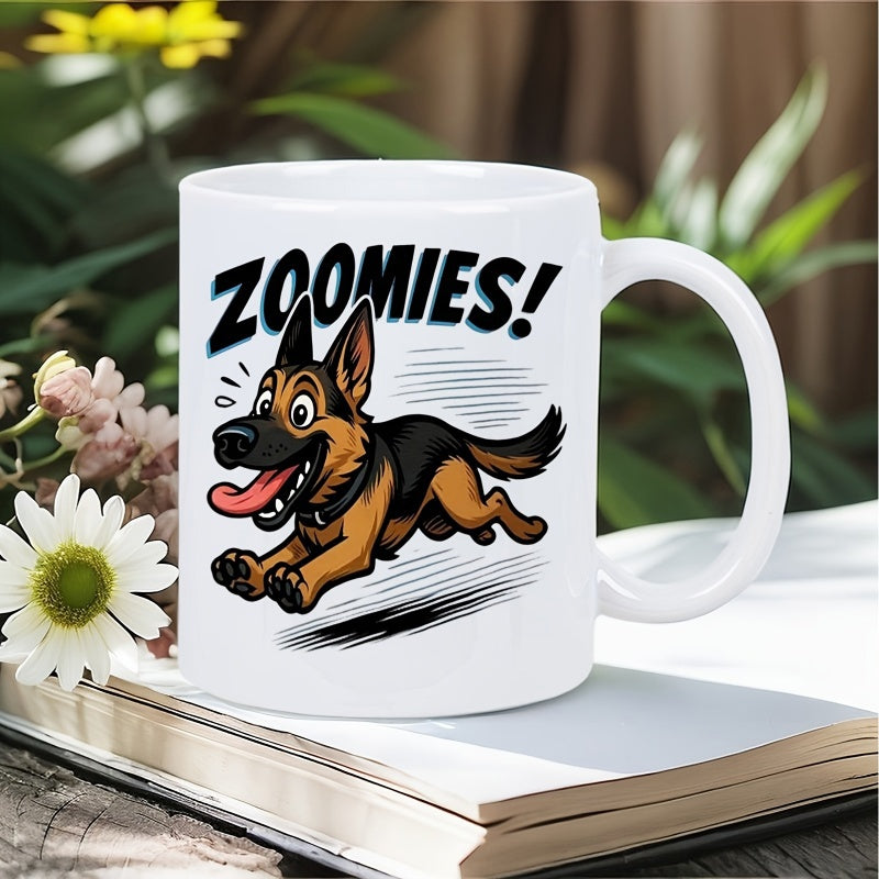 Tailorly White Ceramic 11 oz Mug - Zoomies Energetic Cartoon German Shepherd Running Fast With Tongue Out Speed Lines Dog