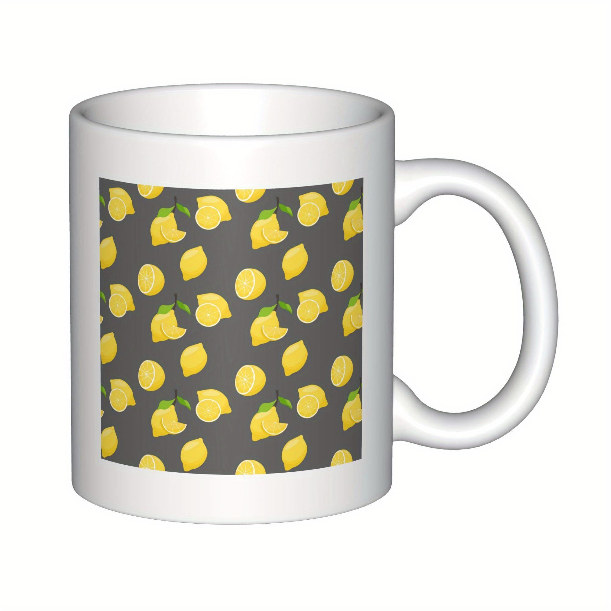 Tailorly White Ceramic 11 oz Mug - Fresh Yellow Citrus Fruit Pattern With Green Leaves On Dark Background Lemon