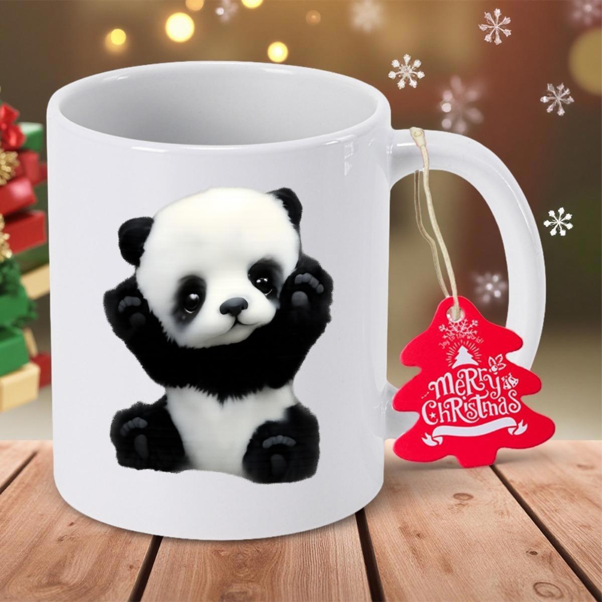 Tailorly White Ceramic 11 oz Mug - Merry Christmas Adorable Fluffy Furry Baby Animal Sitting With Paws Up Panda