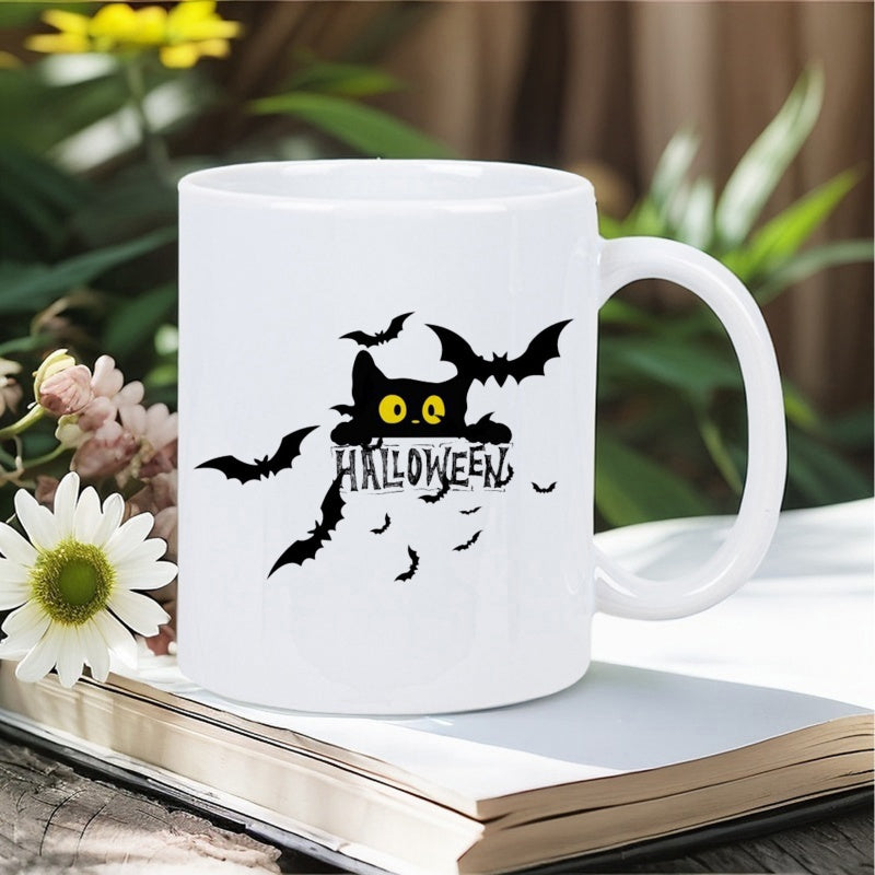 Tailorly White Ceramic 11 oz Mug - Halloween Spooky Black Cat Peeking Surrounded By Several Flying Bats Silhouette Cat