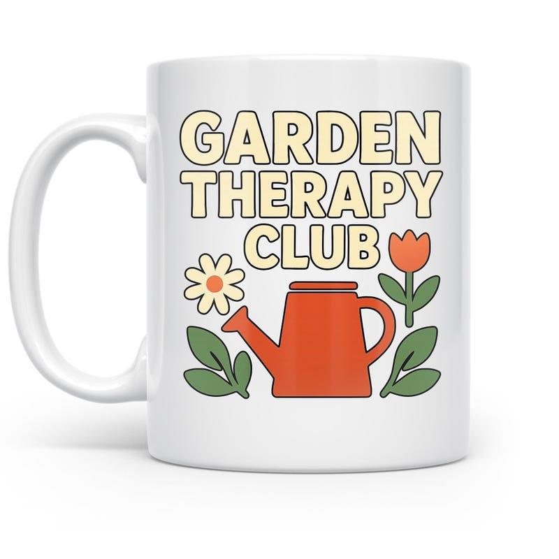 Tailorly White Ceramic 11 oz Mug - Garden Therapy Club Retro Style Watering Can Surrounded By Blooming Flowers And Greenery Watering Can