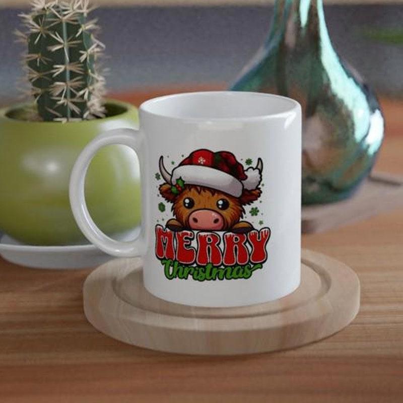 Tailorly White Ceramic 11 oz Mug - Merry Christmas Adorable Chibi Highland Calf Wearing Red Festive Santa Hat Cow