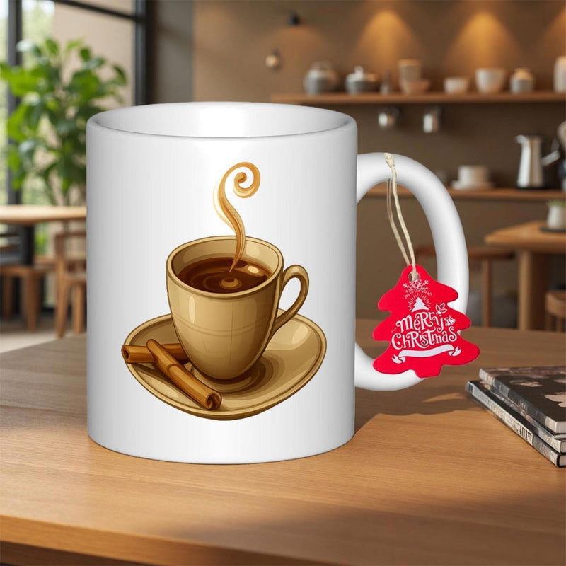 Tailorly White Ceramic 11 oz Mug - Merry Christmas Steaming Warm Beverage On Saucer With Scented Cinnamon Sticks Coffee