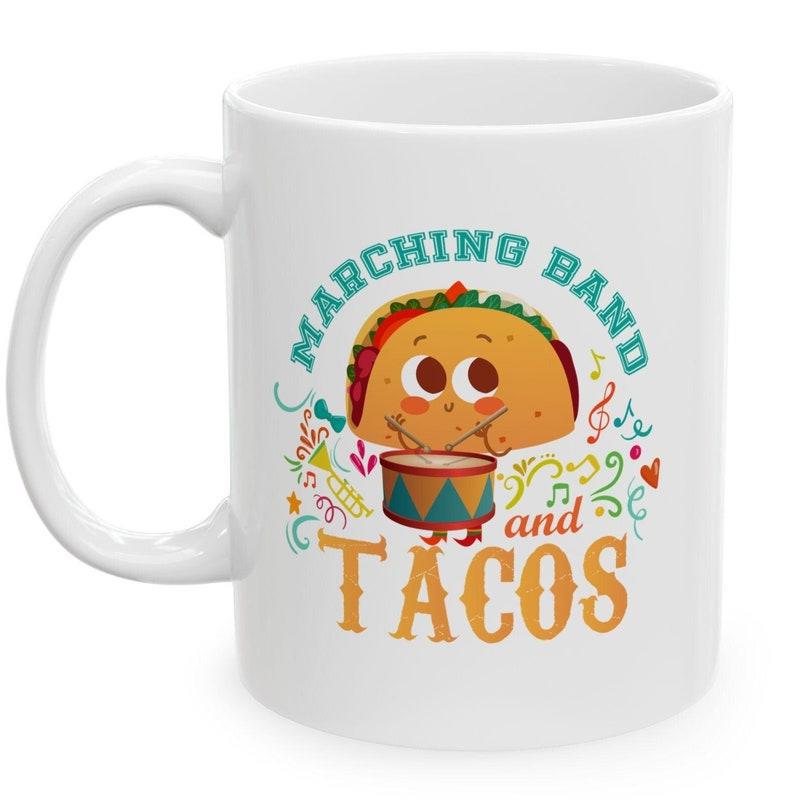 Tailorly White Ceramic 11 oz Mug - Marching Band And Tacos Cartoon Character Playing A Drum Surrounded By Colorful Musical Notes Taco