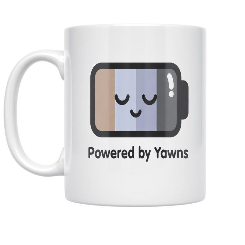 Tailorly White Ceramic 11 oz Mug - Powered By Yawns Cute Sleeping Icon With Pastel Colors And Minimalist Face Battery