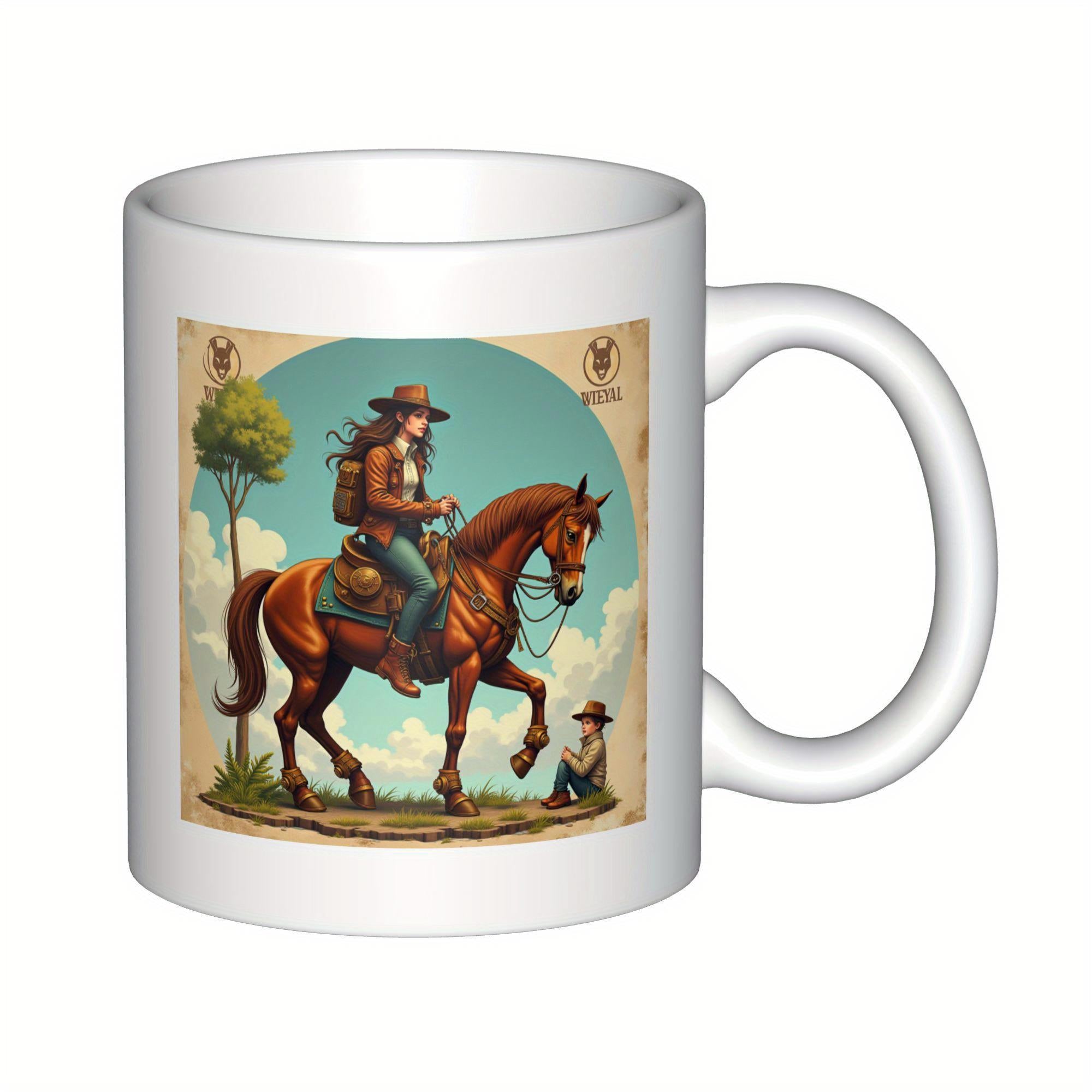 Tailorly White Ceramic 11 oz Mug - Vintage Illustration Of Cowgirl Riding Majestic Brown Galloping Outdoor Countryside Horse