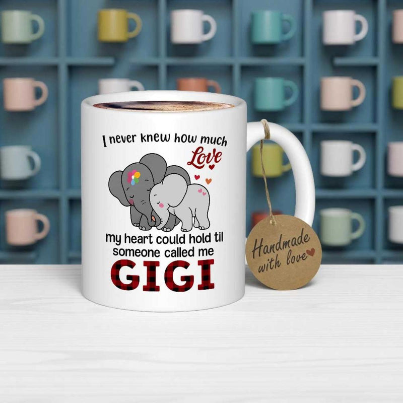 Tailorly White Ceramic 11 oz Mug - I Never Knew How Much Love My Heart Could Hold Till Someone Called Me Gigi Two Adorable Cuddling Grey Cartoon Animals Decorated