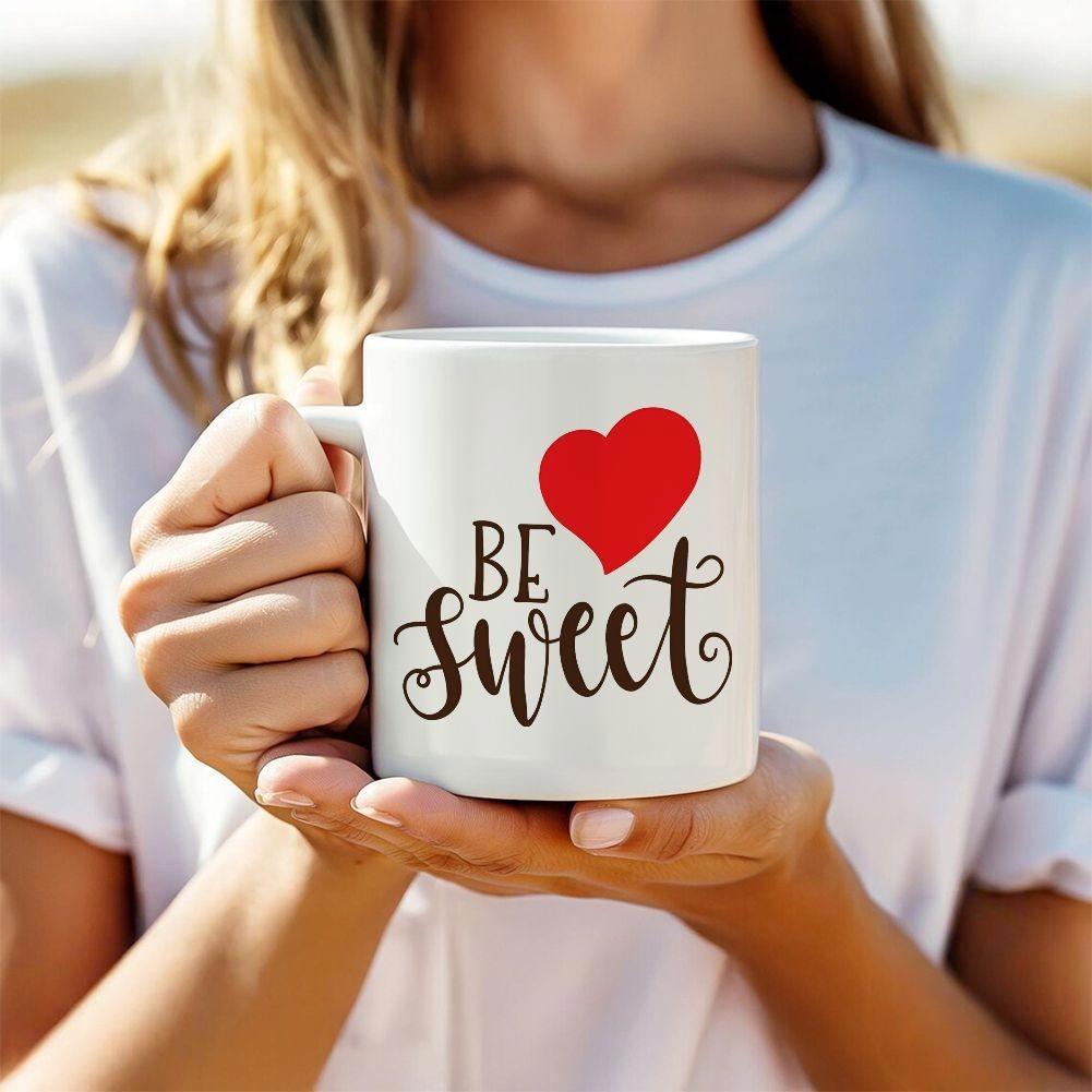Tailorly White Ceramic 11 oz Mug - Be Sweet Minimalist Vibrant Red Design With Elegant Flowing Calligraphy Heart