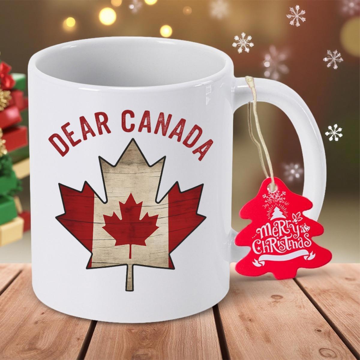Tailorly White Ceramic 11 oz Mug - Dear Canada Patriotic Maple Leaf Symbol In Red And White Graphic Flag Design Mug