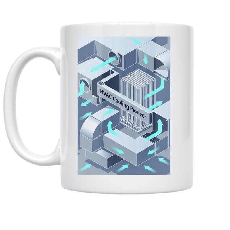 Tailorly White Ceramic 11 oz Mug - HVAC Cooling Pioneer Industrial Isometric Ductwork Featuring Glowing Cyan Arrows Representing Airflow Systems Ventilation