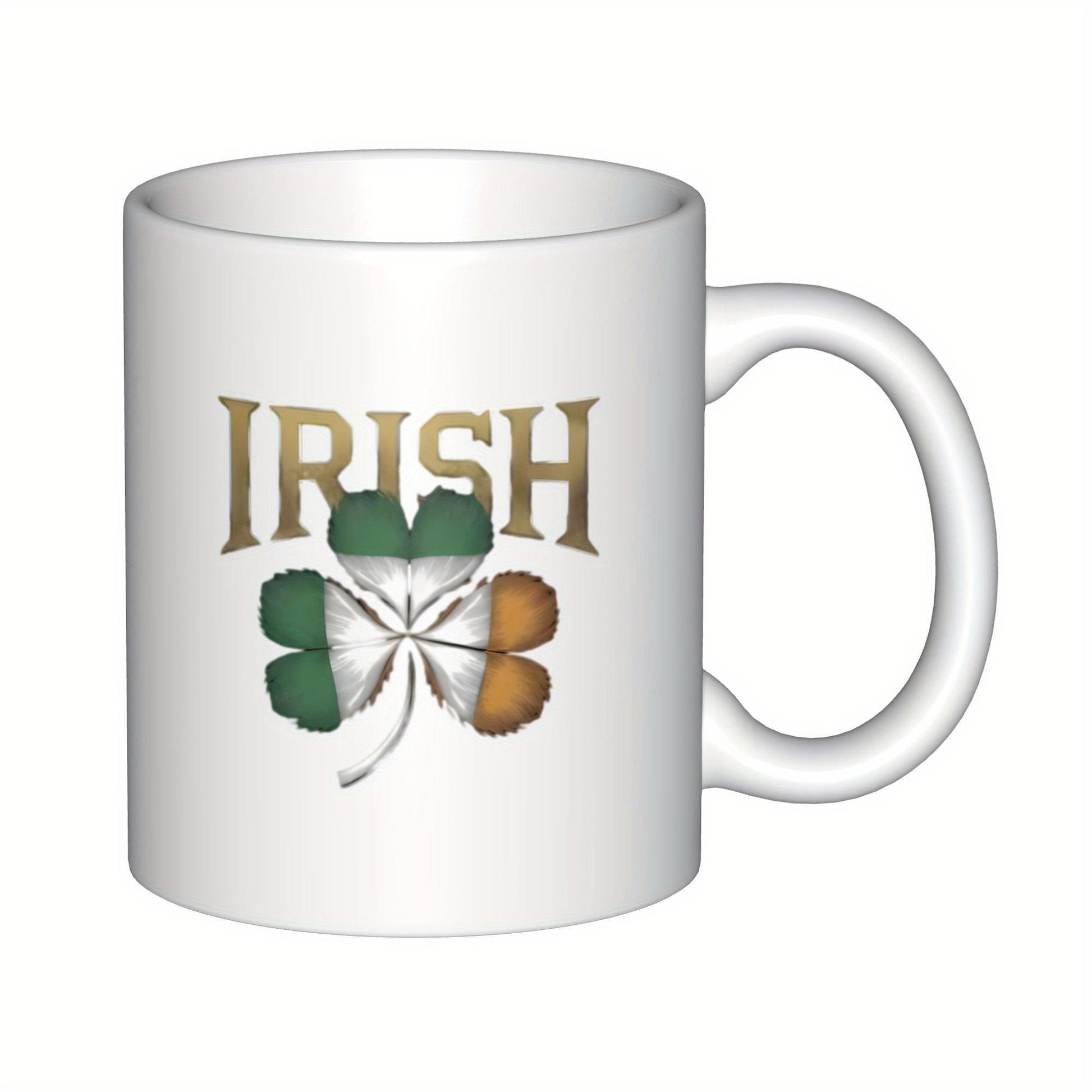Tailorly White Ceramic 11 oz Mug - Irish Green White And Orange National Flag Patterned Four Leaf Clover Shamrock