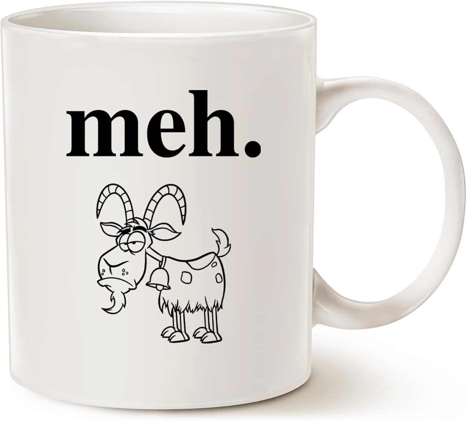 Tailorly White Ceramic 11 oz Mug - Meh Minimalist Black Line Art Depicting A Grumpy Cartoon Mountain Farm Goat