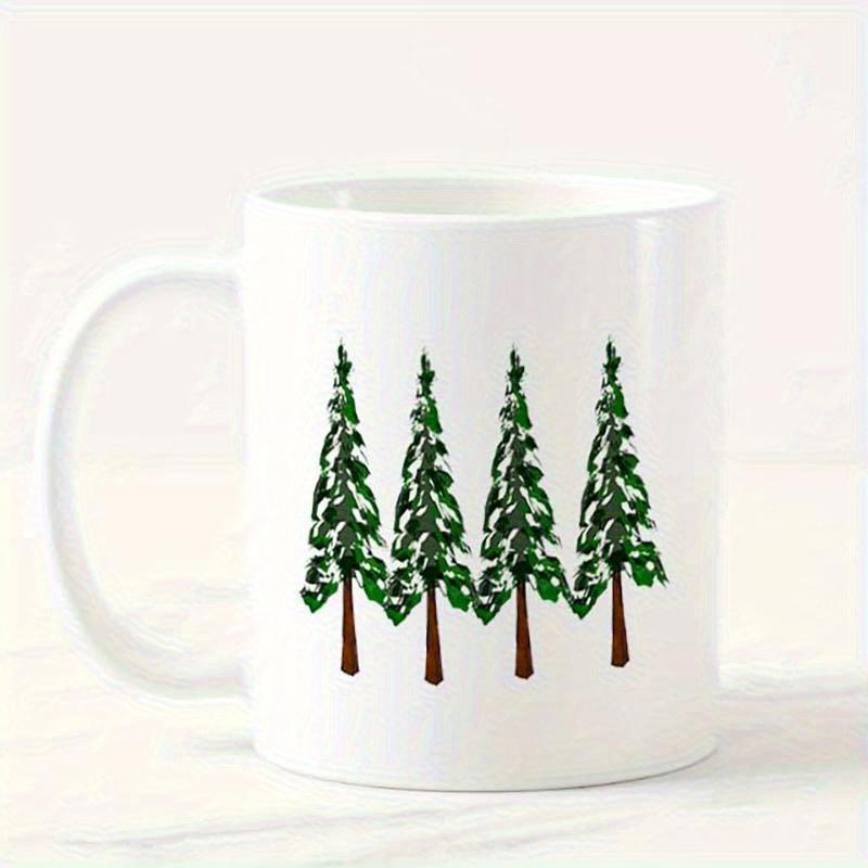 Tailorly White Ceramic 11 oz Mug - Four Vibrant Green Hand Painted Evergreen Trees Standing In A Row Pine Tree