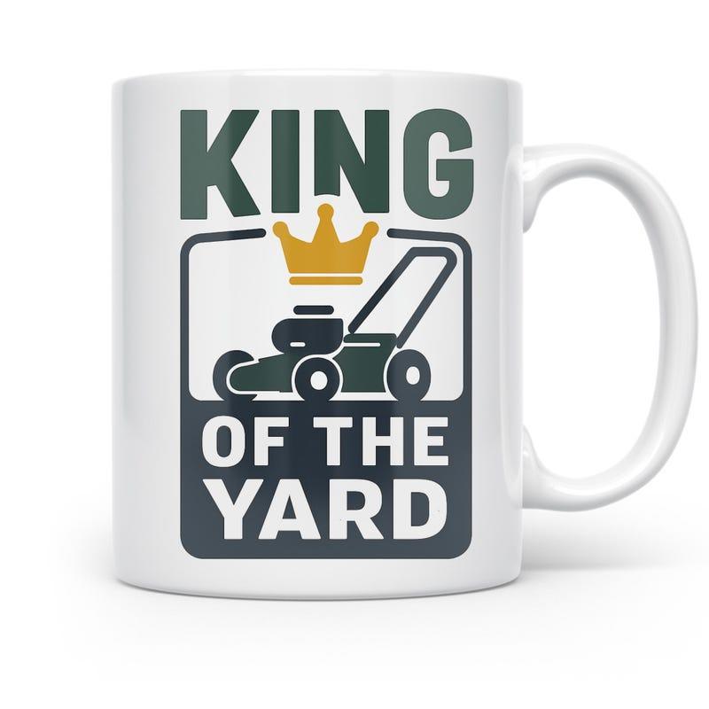 Tailorly White Ceramic 11 oz Mug - King Of The Yard Modern Silhouette Of A Tool Under A Simple Golden Crown Lawnmower