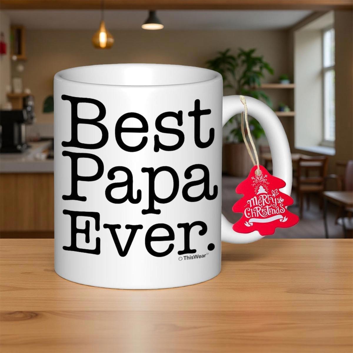 Tailorly White Ceramic 11 oz Mug - Best Papa Ever Minimalist White Ceramic With Bold Black Typography And Hanging Festive Ornament Mug