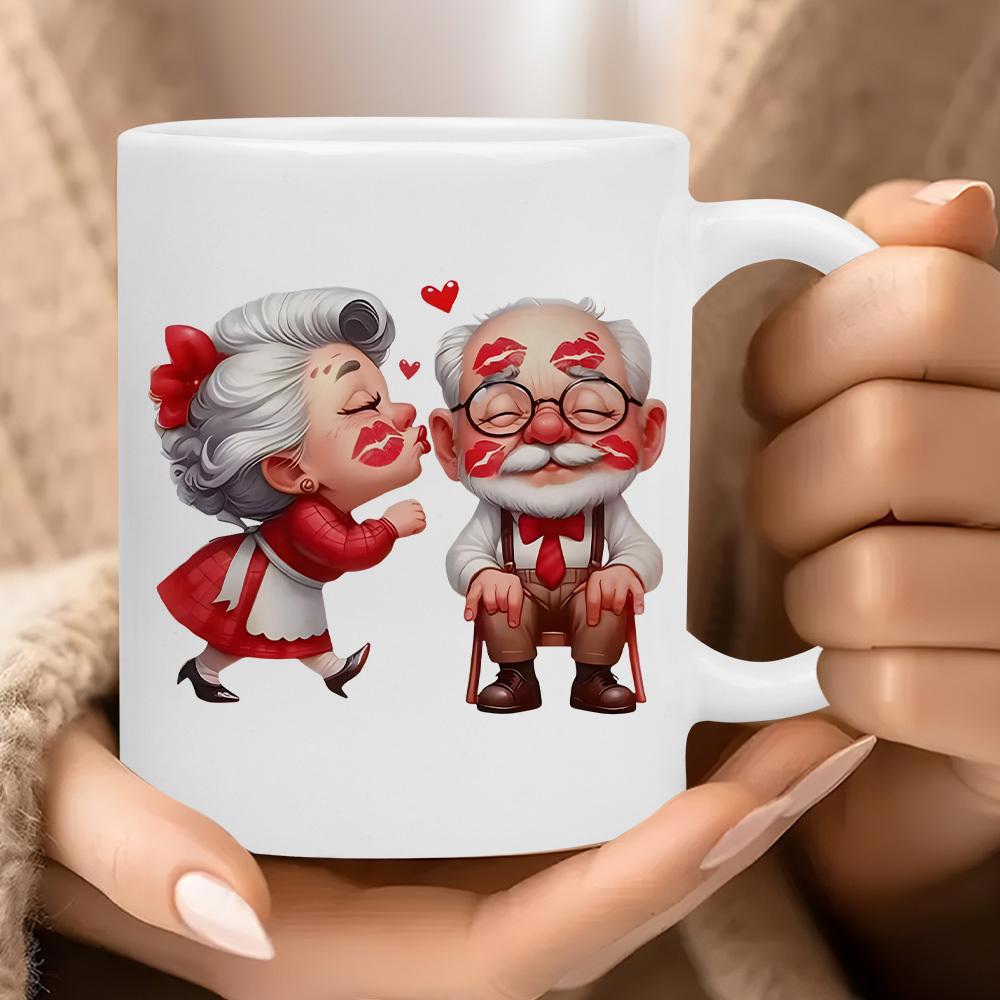 Tailorly White Ceramic 11 oz Mug - Adorable Elderly Cartoon Couple Sharing Sweet Loving Kisses On