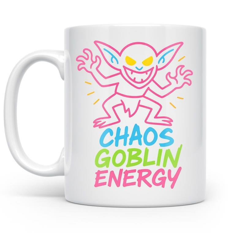 Tailorly White Ceramic 11 oz Mug - Chaos Goblin Energy Pink Outlined Mischievous Cartoon Creature With Glowing Yellow Eyes Tiny Fantasy Goblin