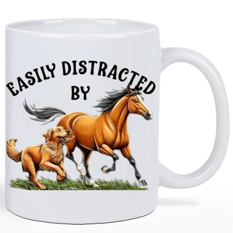 Tailorly White Ceramic 11 oz Mug - Easily Distracted By Majestic Brown Horse Running Alongside A Loyal Golden Retriever On Grass Horse