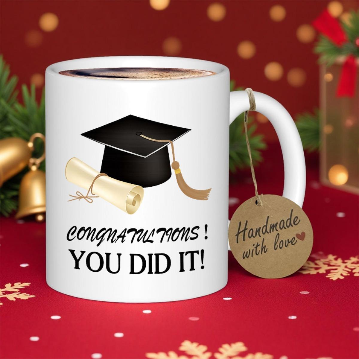 Tailorly White Ceramic 11 oz Mug - Congratulations You Did It Classic Black Mortarboard Resting Beside A Golden Tasseled Rolled Diploma Cap