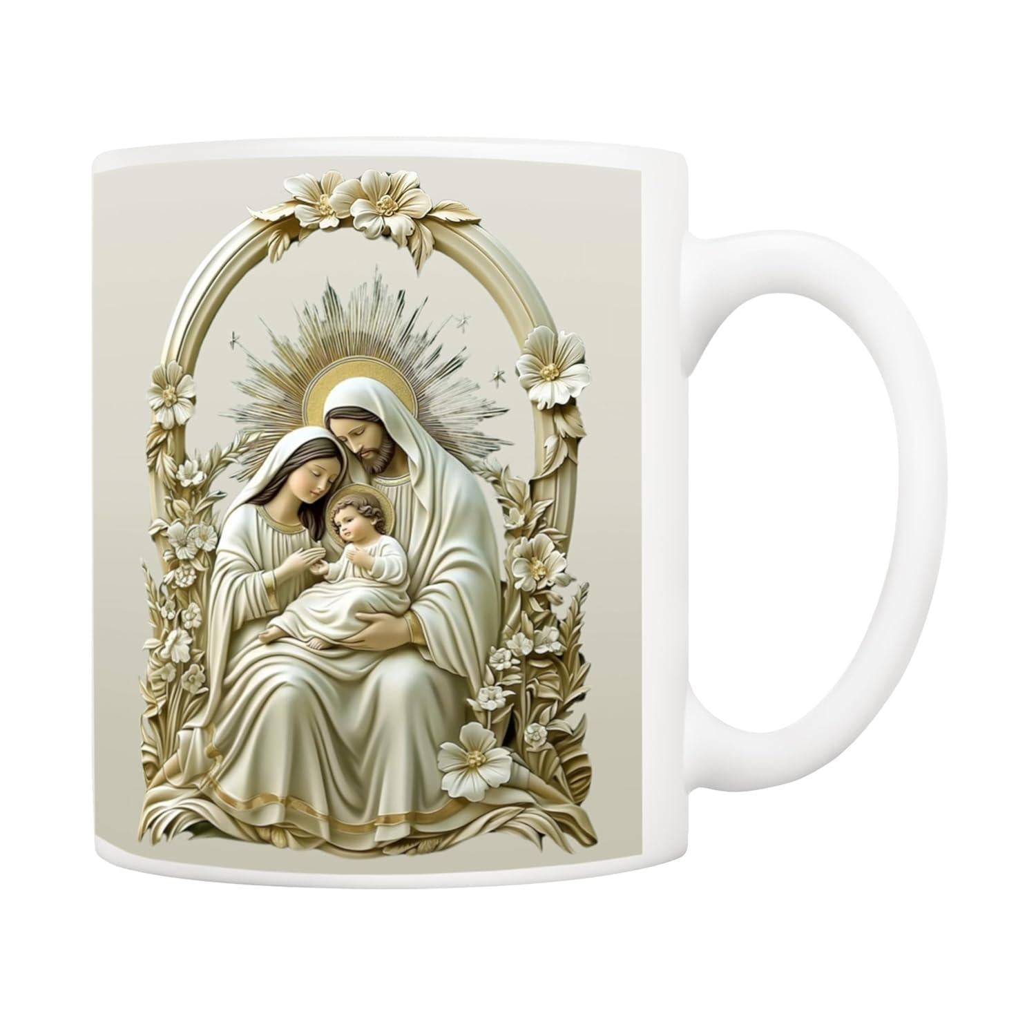 Tailorly White Ceramic 11 oz Mug - Sacred Holy Family Surrounded By Delicate Roses Under Heavenly Light Arch Portrait