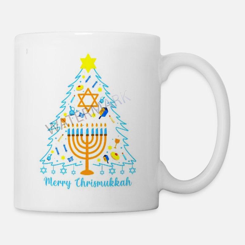 Tailorly White Ceramic 11 oz Mug - Merry Chrismukkah Festive Holiday Fusion With Blue Outline Pine And Golden Menorah Tree