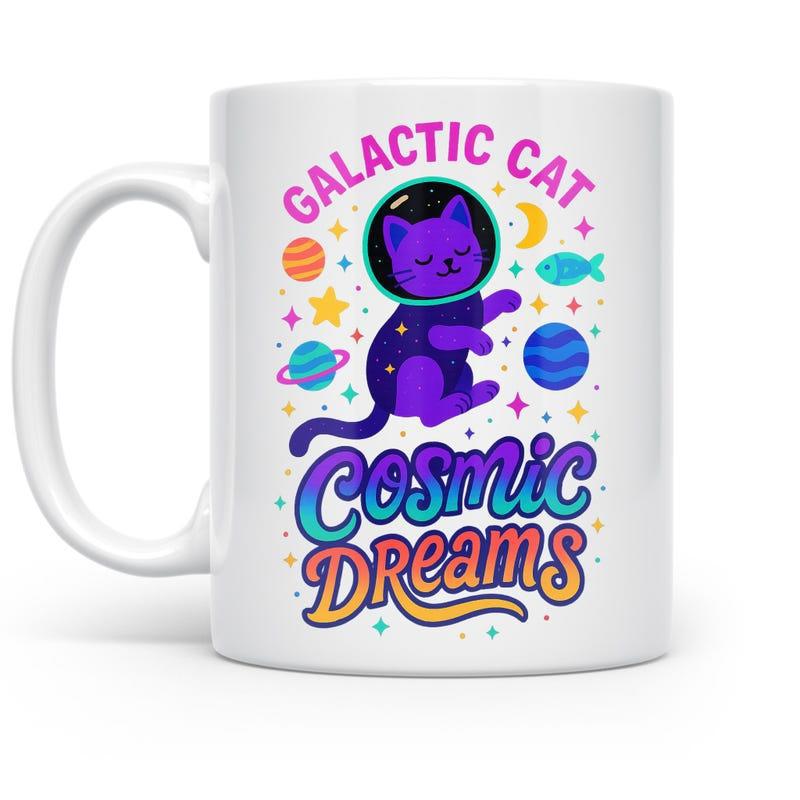 Tailorly White Ceramic 11 oz Mug - Galactic Cat Cosmic Dreams Vibrant Purple Astronaut Cat Floating Among Colorful Planets And Stars Cat