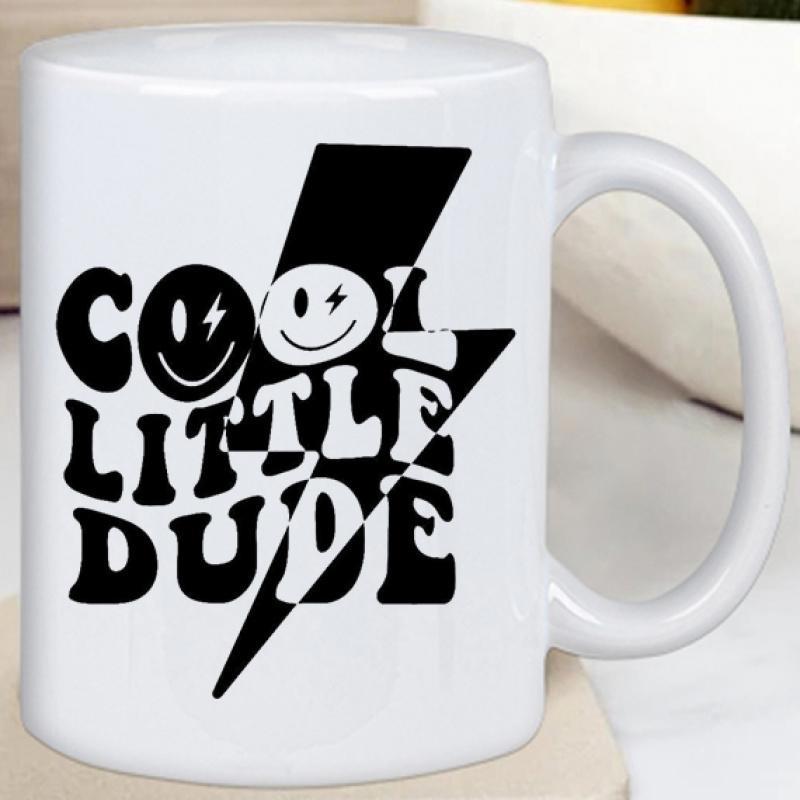 Tailorly White Ceramic 11 oz Mug - Cool Little Dude Retro Groovy Typography With Lightning Bolts And Smiling Faces Lightning Bolt