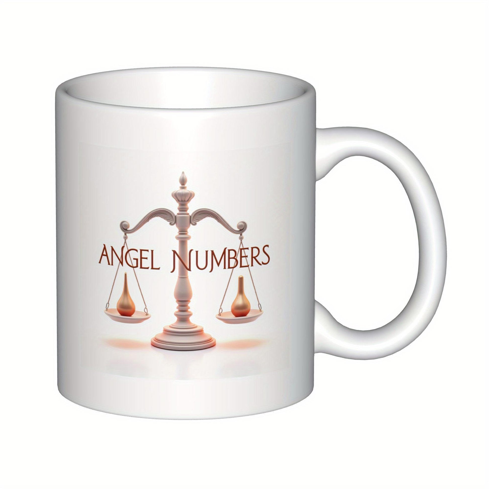 Tailorly White Ceramic 11 oz Mug - Angel Numbers Elegant Bronze Balanced Scale Holding Small Vials In Delicate Pans Scale