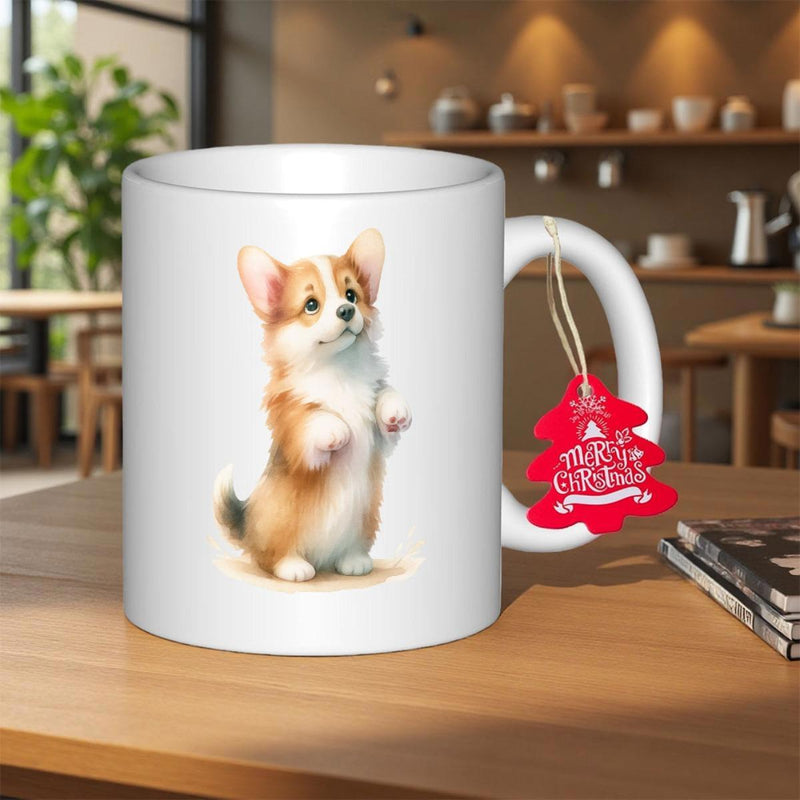 Tailorly White Ceramic 11 oz Mug - Merry Christmas Adorable Puppy Standing On Hind Legs With Fluffy Fur Corgi