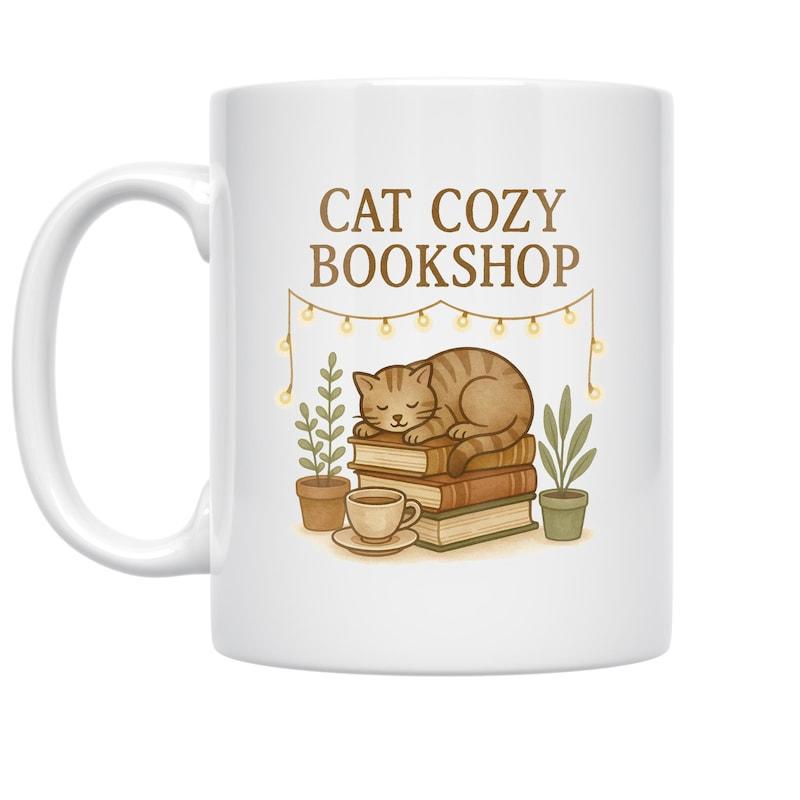 Tailorly White Ceramic 11 oz Mug - Cat Cozy Bookshop Serene Ginger Tabby Sleeping Peacefully On Stacked Books With Potted Plants Cat