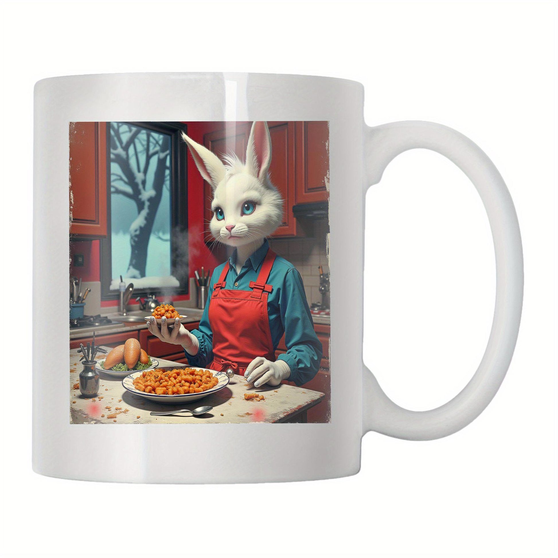 Tailorly White Ceramic 11 oz Mug - Anthropomorphic White Rabbit Wearing Red Apron Cooking Delicious Meal In Kitchen Rabbit