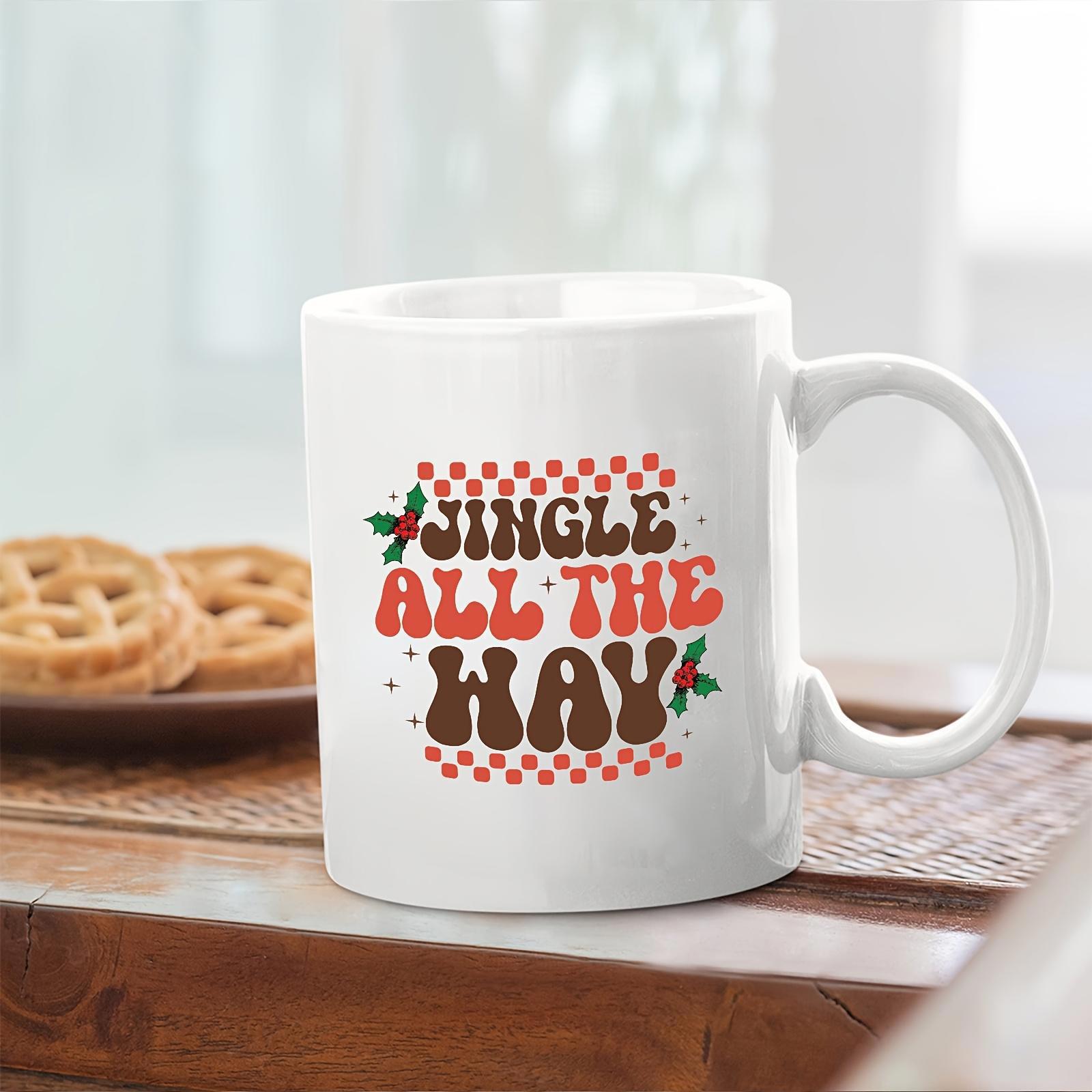 Tailorly White Ceramic 11 oz Mug - Jingle All The Way Festive Red White Checkered Pattern With Holly Berries And Retro Bubbly Lettering Mug