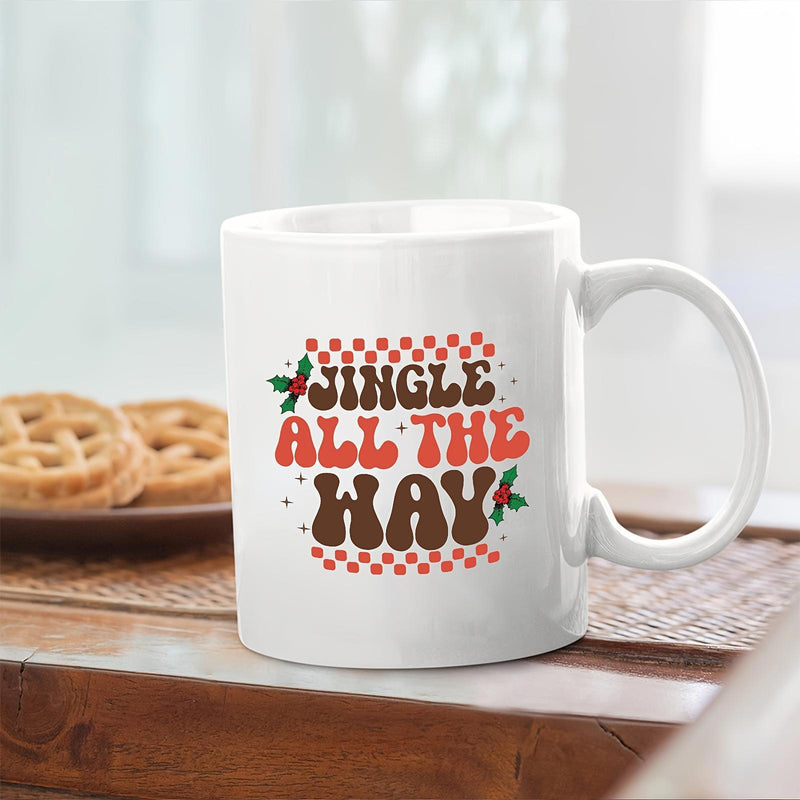 Tailorly White Ceramic 11 oz Mug - Jingle All The Way Festive Red White Checkered Pattern With Holly Berries And Retro Bubbly Lettering Mug