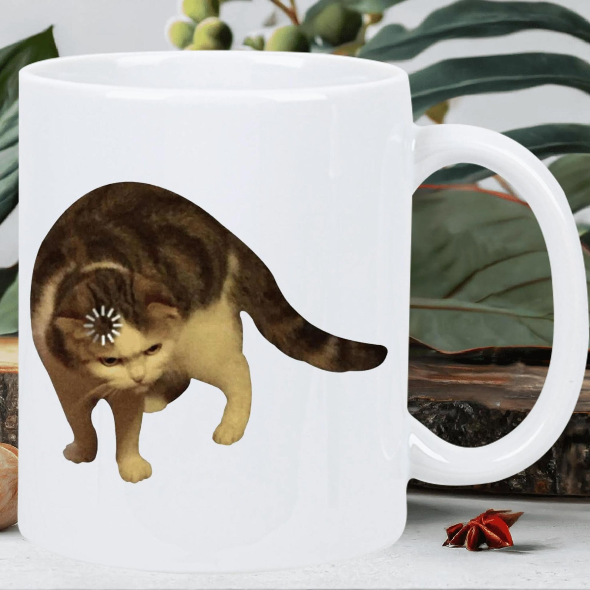 Tailorly White Ceramic 11 oz Mug - Humorous Brown Tabby Cat Featuring Circular Loading Buffer Icon On Forehead Cat