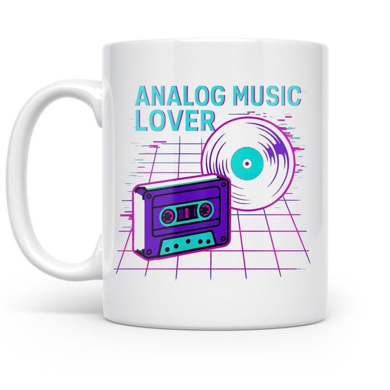 Tailorly White Ceramic 11 oz Mug - Analog Music Lover Retro Neon Grid With Vinyl Record And Vintage Purple Audio Cassette Tape