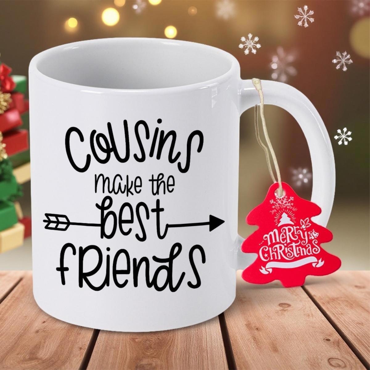Tailorly White Ceramic 11 oz Mug - Cousins Make The Best Friends Merry Christmas Simple Black Script Typography Featuring Rustic Arrow Graphic