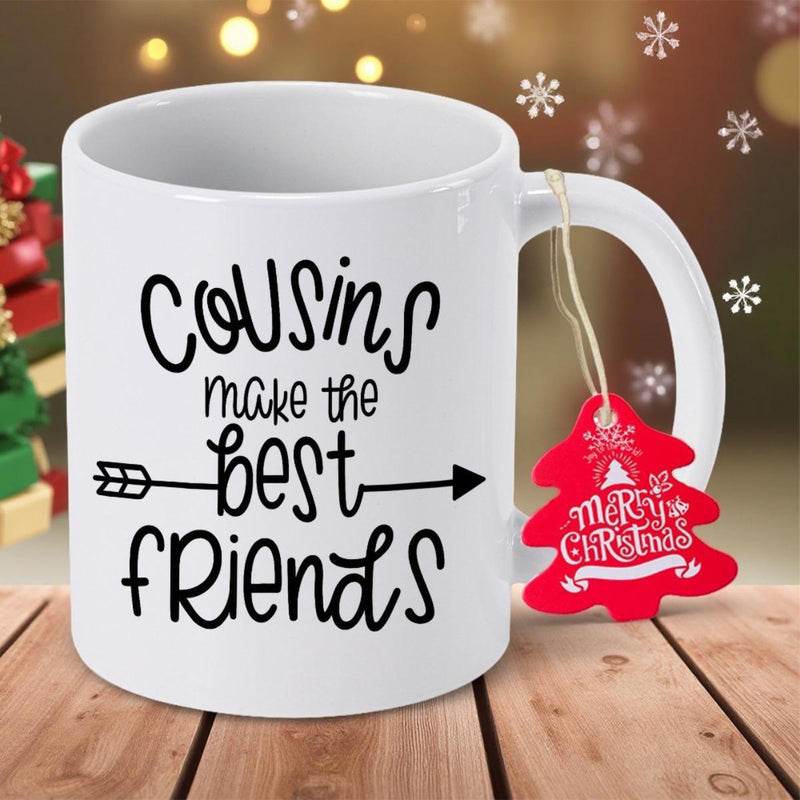 Tailorly White Ceramic 11 oz Mug - Cousins Make The Best Friends Merry Christmas Simple Black Script Typography Featuring Rustic Arrow Graphic