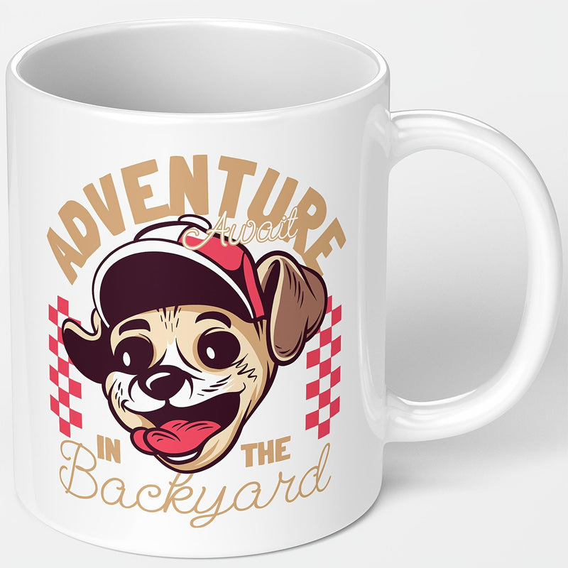 Tailorly White Ceramic 11 oz Mug - Adventure Awaits In The Backyard Smiling Cartoon Dog Wearing Red Baseball Cap With Pink Checkered Borders Puppy