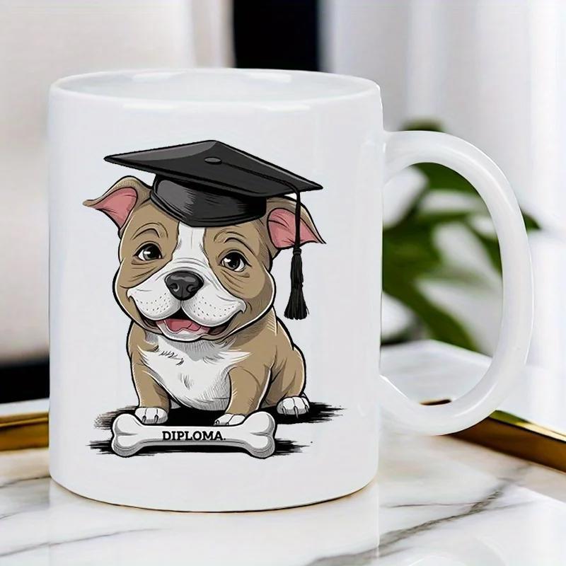 Tailorly White Ceramic 11 oz Mug - Diploma Cute Brown And White Puppy Wearing A Graduation Mortarboard Dog