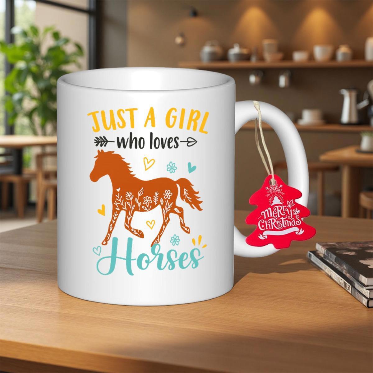 Tailorly White Ceramic 11 oz Mug - Just A Girl Who Loves Horses Elegant Trotting Silhouette With Intricate Floral Patterns And Floating Hearts Horse