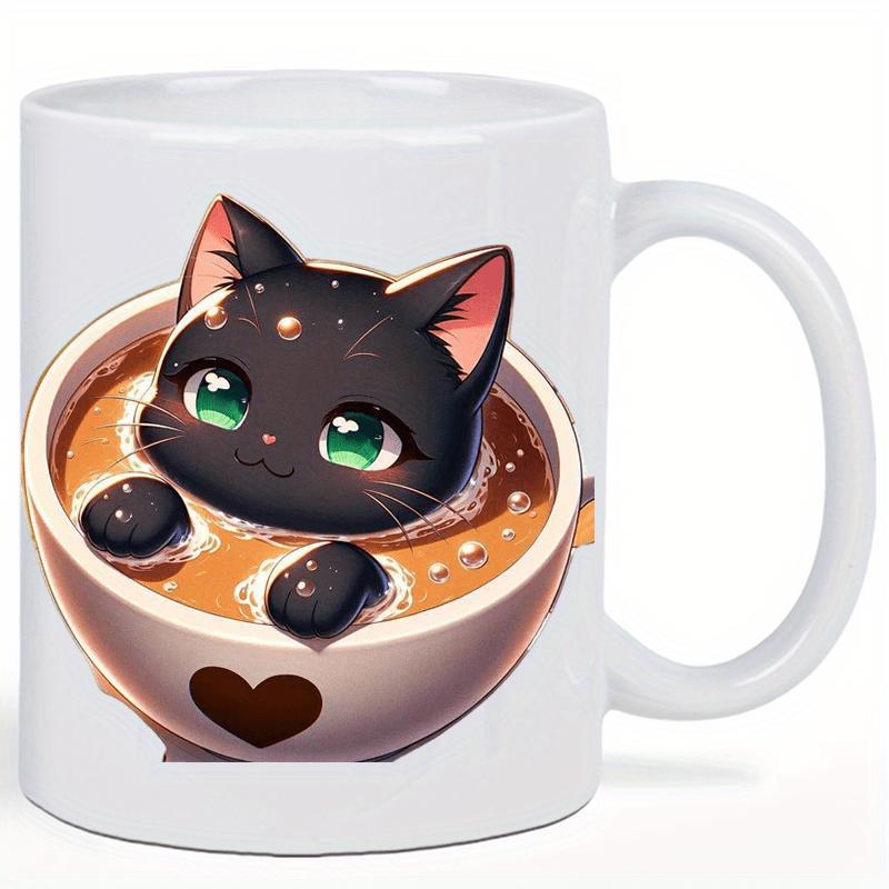 Tailorly White Ceramic 11 oz Mug - Adorable Black Kitten With Large Green Eyes Resting Inside Creamy Coffee Cup Cat