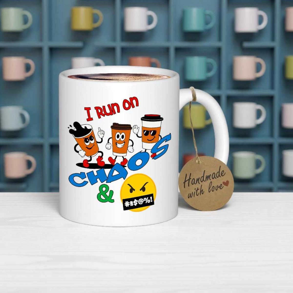 Tailorly White Ceramic 11 oz Mug - I Run On Chaos Cheerful Vintage Cartoon Coffee Mascot Characters With Face Mug