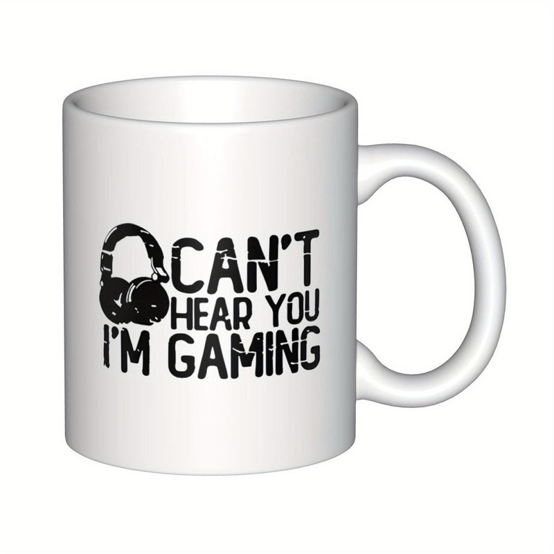 Tailorly White Ceramic 11 oz Mug - Can't Hear You I'm Gaming Distressed Black Headset Symbol With Vintage Style Typography Headphones