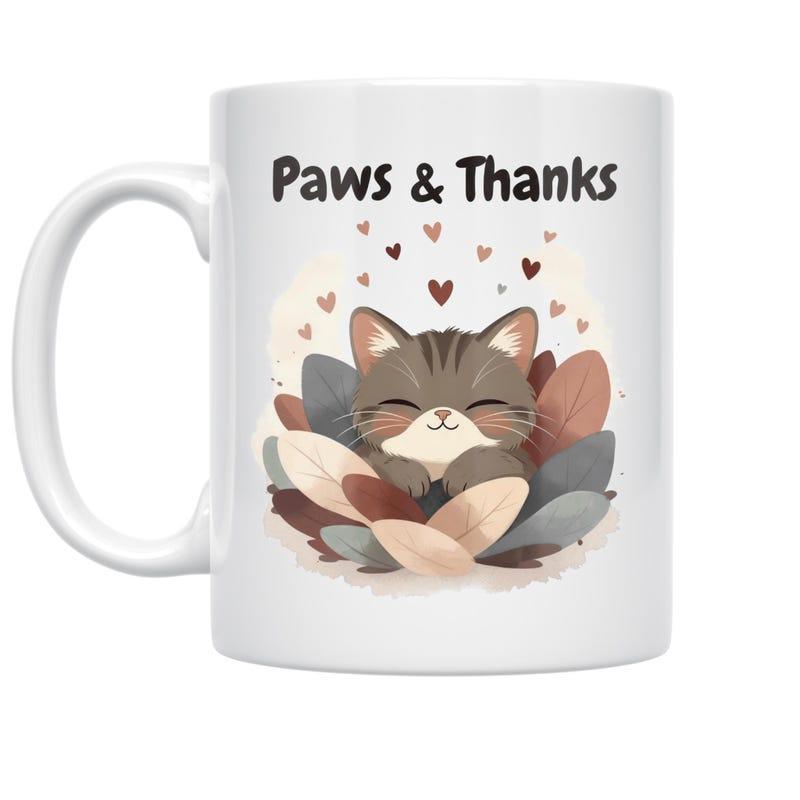 Tailorly White Ceramic 11 oz Mug - Paws Thanks Cute Cartoon Kitten Nestled Among Soft Autumn Leaves With Floating Heart Shapes Cat