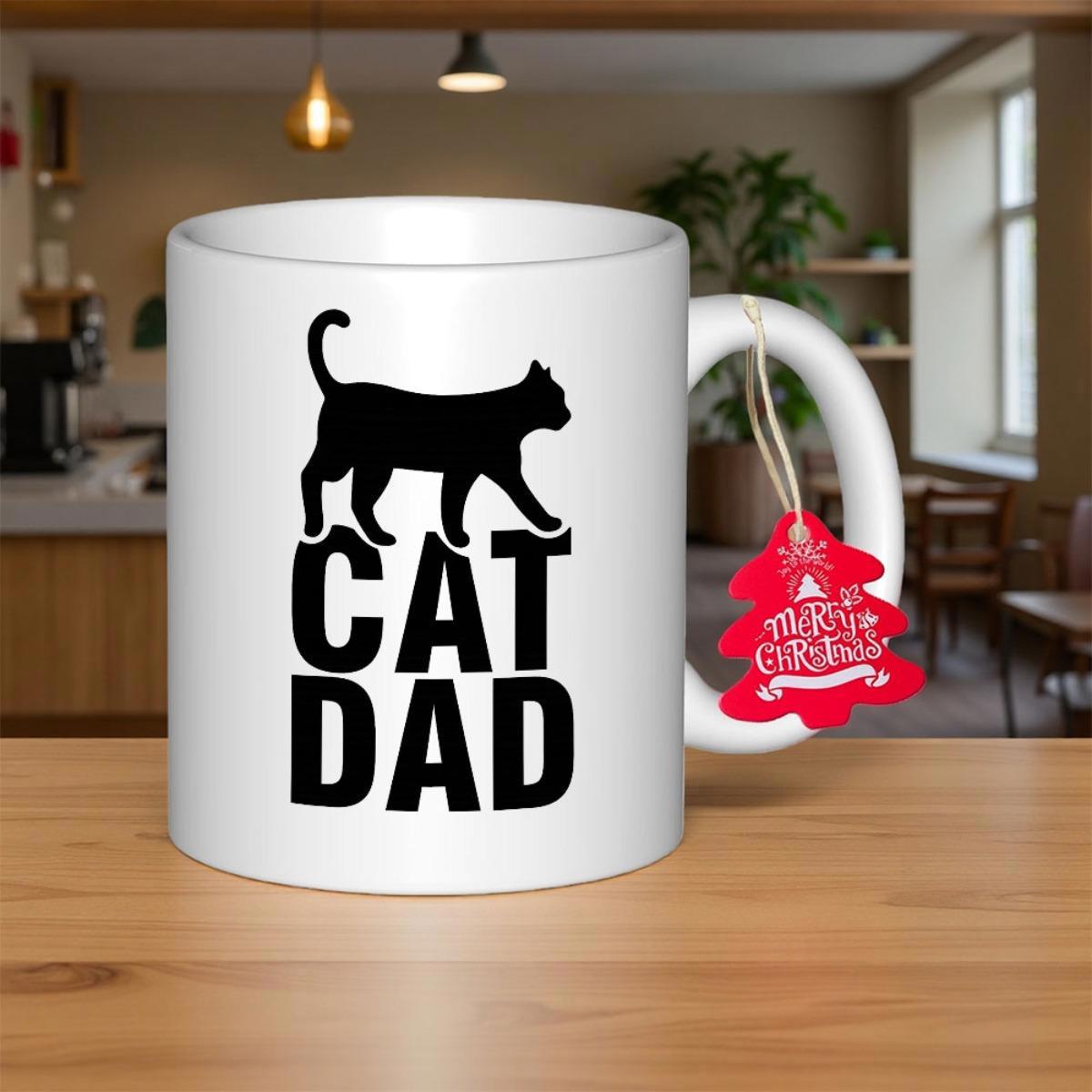 Tailorly White Ceramic 11 oz Mug - Cat Dad Minimalist Black Feline Silhouette Walking On Bold Sans Serif Font Cat