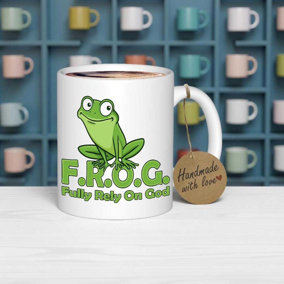 Tailorly White Ceramic 11 oz Mug - Fully Rely On God Frog Smiling Green Cartoon Character Sitting Calmly Above Bold Green Letters Frog