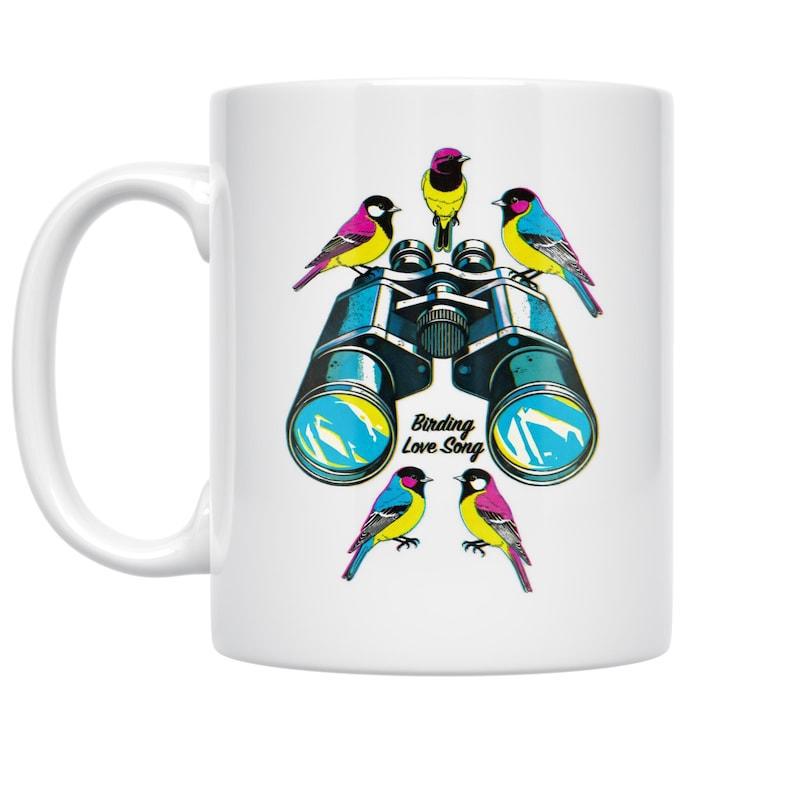 Tailorly White Ceramic 11 oz Mug - Birding Love Day Vibrant Colorful Songbirds Perched Around Professional Metal Field Binoculars