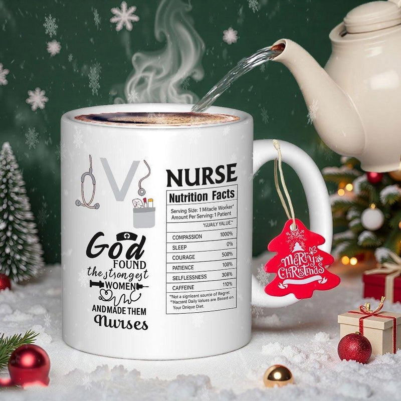 Tailorly White Ceramic 11 oz Mug - Nurse Nutrition Facts God Found The Strongest Women And Made Them Nurses Featuring Medical Icons And Professional Appreciation