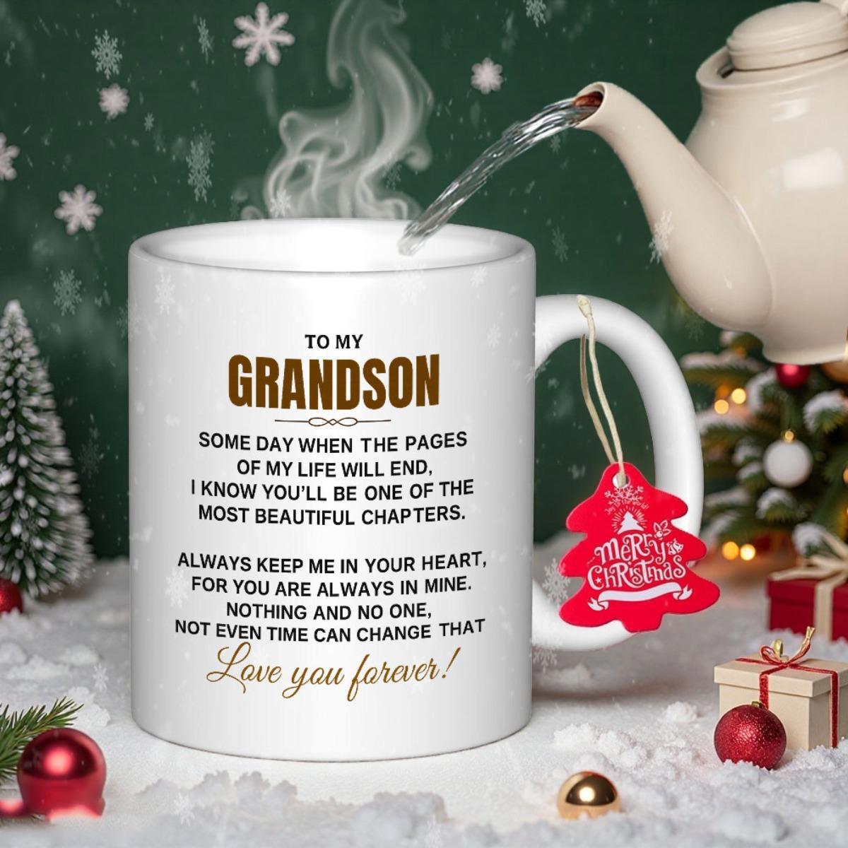 Tailorly White Ceramic 11 oz Mug - To My Grandson Love You Forever Elegant White Ceramic Piece Featuring Sentimental Message Within Festive Holiday Scene Mug